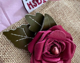 Pink Leather Rose Brooch with Leaves