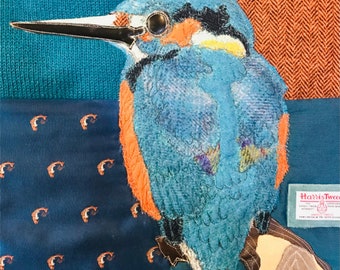 Kingfisher Cushion - No. 33 - Tash's Woodland Creatures Tweed Silk & Leather Cushion Series
