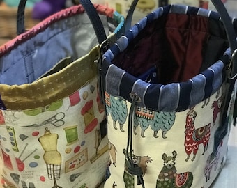 Handmade Tapestry Knitting Bag: Recycled Materials, Yarn Feeder Pockets