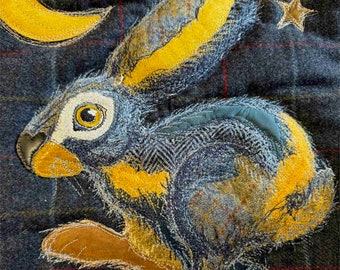 Hare Under the Moon Cushion - No. 61 - from Tash's Woodland Creatures Tweed Silk & Leather Cushion Series