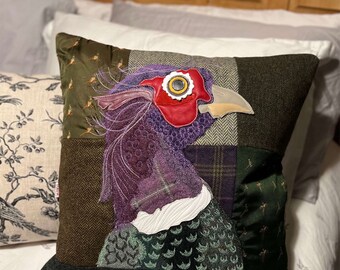 Pheasant Cushion - No. 60 - Tash’s Woodland Creatures Tweed Silk & Leather Cushion Series