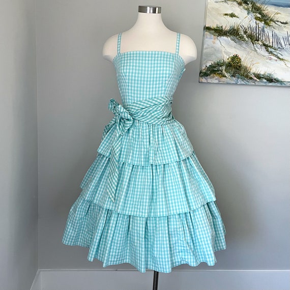 Teal & White Gingham Dress with Tiered Ruffles - A