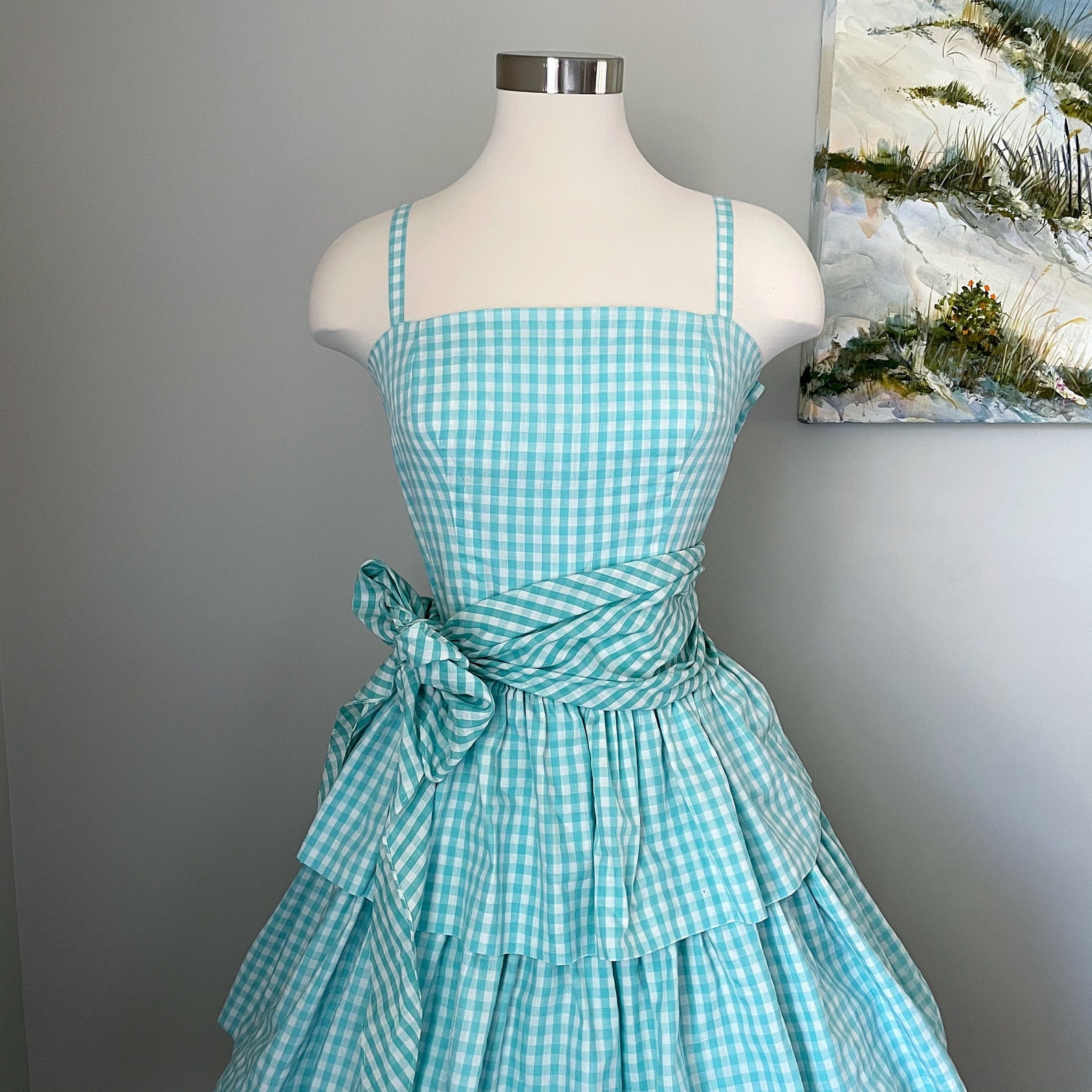 Teal & White Gingham Dress With Tiered Ruffles Authentic | Etsy