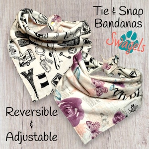 Paris Themed Reversible Dog Bandana – Eiffel Tower and Pink Floral Design, Soft Flannel, Snap & Tie Closure, Cute Dog Fashion Accessory