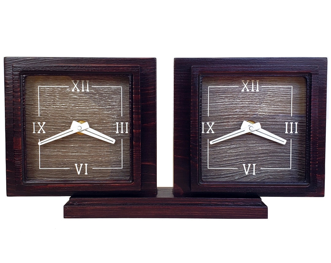 Handmade Dual Time Zone Desk Clock Pecan Brown Custom Etsy