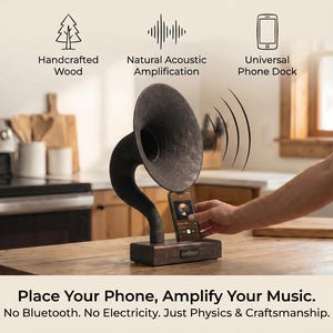 May include: A dark wood phone dock featuring a vintage-style gramophone horn for natural acoustic amplification. The device includes text labels: Handcrafted Wood, Natural Acoustic Amplification, Universal Phone Dock, and Place Your Phone, Amplify Your Music. No Bluetooth. No Electricity. Just Physics & Craftsmanship.