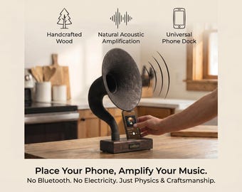 Handmade Gramophone iPhone Speaker, Personalized Acoustic Amplifier, Music Lover Gift