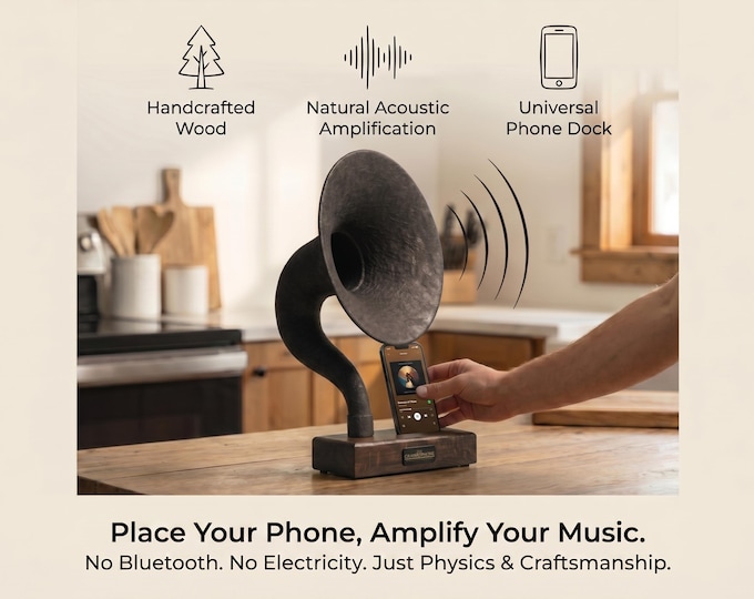 Handmade Gramophone iPhone Speaker, Personalized Acoustic Amplifier, Music Lover Gift