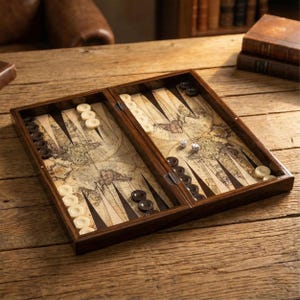 May include: A wooden backgammon set with a vintage map design on the playing surface. The set includes dark and light-colored game pieces and dice. The board is open and ready for play, set on a wooden table.