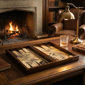 May include: A backgammon set with a map design, dice, and game pieces. The set is open on a dark wooden desk. A lit fireplace and a brass lamp are in the background. A glass of amber liquid sits nearby, alongside a box of cigars.