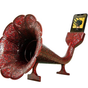 Gramophone iPhone Passivlautsprecher, handgefertigte Wohndekoration, Muttertagsgeschenk, akustischer Iphone-Verstärker, iPhone Kupferlautsprecher, handgefertigtes Geschenk Burgundy