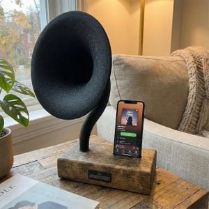 Acoustic iPhone Speaker, Gramophone iPhone Passive Speaker, Unique Home Decor, Holiday Gift for New Home 15" Rustic & Black
