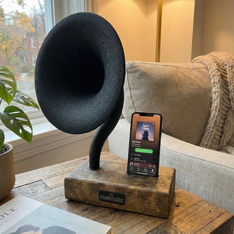 Acoustic iPhone Speaker, Gramophone iPhone Passive Speaker, Unique Home Decor, Holiday Gift for New Home 15" Rustic & Black