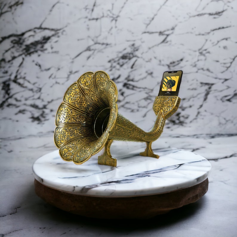 Gramophone iPhone Passivlautsprecher, handgefertigte Wohndekoration, Muttertagsgeschenk, akustischer Iphone-Verstärker, iPhone Kupferlautsprecher, handgefertigtes Geschenk Antique Gold