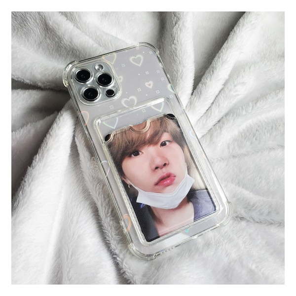 Cute Transparent Holographic Heart Love  Kpop Photocard Holder (Custom Photo) Phone Case iPhone 15 14 12 11 13 Pro Max XR XS Samsung S22 S23