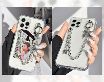 Étui pour portable transparent papillon K-pop avec porte-clés | Porte-cartes photo | Photo personnalisée en option | iPhone 12 11 13 14 15 Pro Max X XR XS