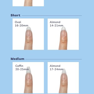 May include: An image displaying different nail shapes and lengths, including Extra Short Round (12-17mm), Oval (16-20mm), Almond (14-21mm), Coffin (20-25mm), Almond (17-24mm), and Stiletto (28-34mm). The text "Nail Shape" is at the top.