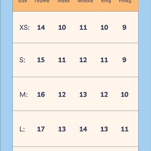 May include: A size chart in millimeters, with sizes XS to L, for measuring fingers. The chart includes measurements for thumb, index, middle, ring, and pinky fingers. The text at the bottom advises to select the size that fits best.