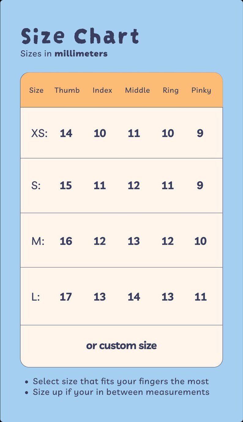 May include: A size chart in millimeters, with sizes XS to L, for measuring fingers. The chart includes measurements for thumb, index, middle, ring, and pinky fingers. The text at the bottom advises to select the size that fits best.