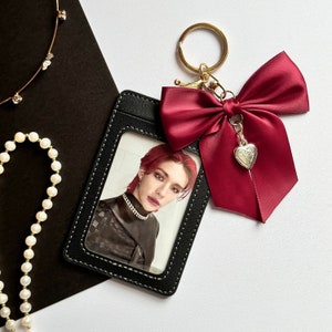 Aesthetic Cute Kpop Photocard Holder with Ribbon Keychain for Badge ID Card