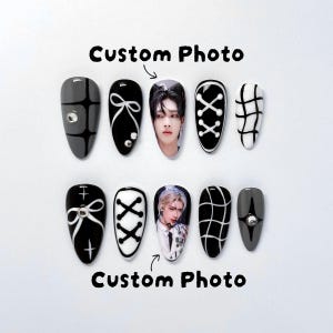 Kpop White Black Nail Set (Custom Photos)