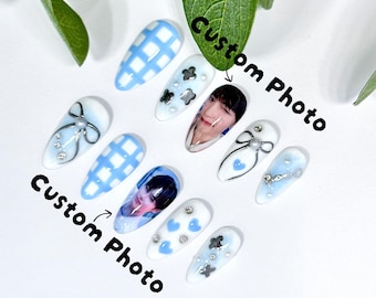 Kpop Cute Blue Nail Set (Custom Photos)