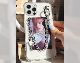 K-pop Space Theme Duidelijk telefoonhoesje met zilveren sleutelhanger | Cadeau Merch Fotokaarthouder | Aangepaste foto | iPhone 12 11 13 14 15 Pro Max X XR XS