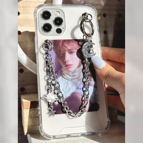 K-pop Space Theme Clear Phone Case with Silver Keychain | Gift Merch Photocard Holder | Custom Photo | iPhone 12 11 13 14 15 Pro Max X XR XS