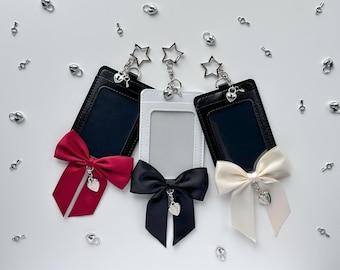 Kpop Photocard PC Holder with Simple Bow and Heart Keychain for Bag