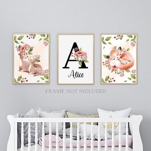 3er Set, Personalisierter Name, Kinderzimmer Deko, Kinderzimmer Poster Mädchen, Wandkunst, Tierzimmer Drucke, Tiere Drucke, Aquarell Tiere