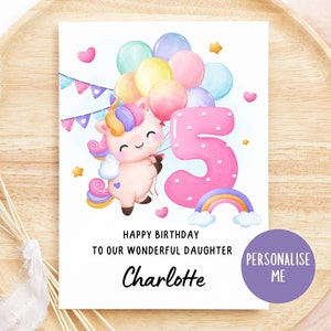 Cartão de aniversário personalizado para meninas, qualquer idade, cartão para sobrinha, neta, unicórnio fofo, arco-íris, cartão para ela, 4º 5º 6º 7º 8º 9º