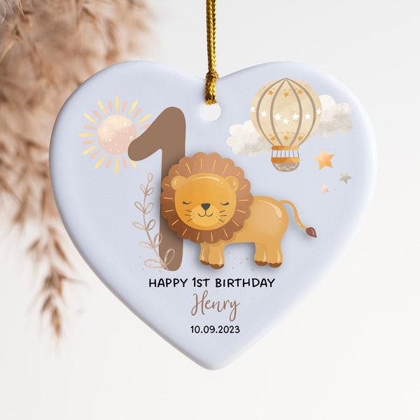 Personalised First Birthday Ornament, Personalised 1st Birthday Keepsake, Baby's Birthday, One Year Old, Ceramic Keepsake, Safari, Lion