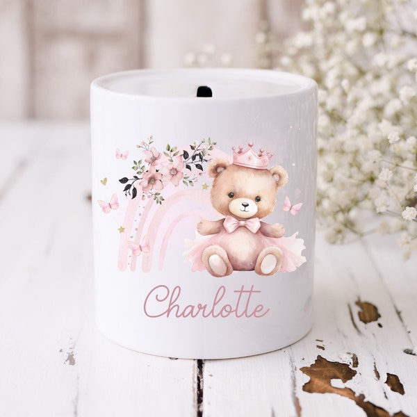 Tirelire personnalisée petit ours, décoration de chambre d'enfant ballerine, cadeau personnalisé, cadeau bébé fille, souvenir de baptême, cadeau de premier anniversaire