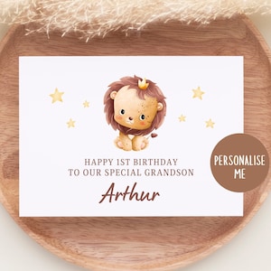 1º 2º 3º Cartão de aniversário de qualquer idade, lembrança do primeiro aniversário, 1º cartão para sobrinho, neto, irmão, cartão de felicitações, animais de safári, leão