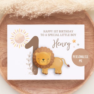 First Birthday Card Keepsake, Son, Grandson, Brother, Any Age Birthday Card, 1st Card for Niece Nephew, Greeting Card, Safari Animals, Lion