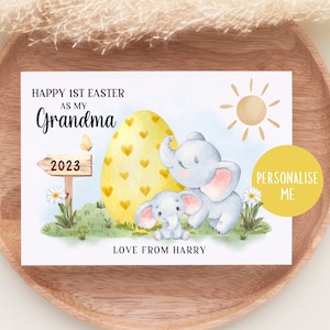 Première carte de Pâques de grand-mère, 1ère carte de Pâques personnalisée pour grand-mère, carte d'un nouveau petit-enfant, 1ère Pâques de bébé, éléphant, animaux de safari