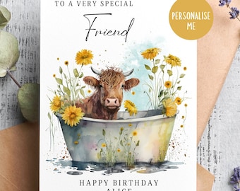 Biglietto di auguri di compleanno personalizzato con mucca delle Highlands: biglietto con animali della fattoria dei girasoli
