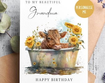 Biglietto di compleanno della mucca delle Highland per lei o per lui, biglietto di mucca personalizzato, girasoli, amanti della mucca, biglietto divertente e carino, biglietto di compleanno per gli agricoltori