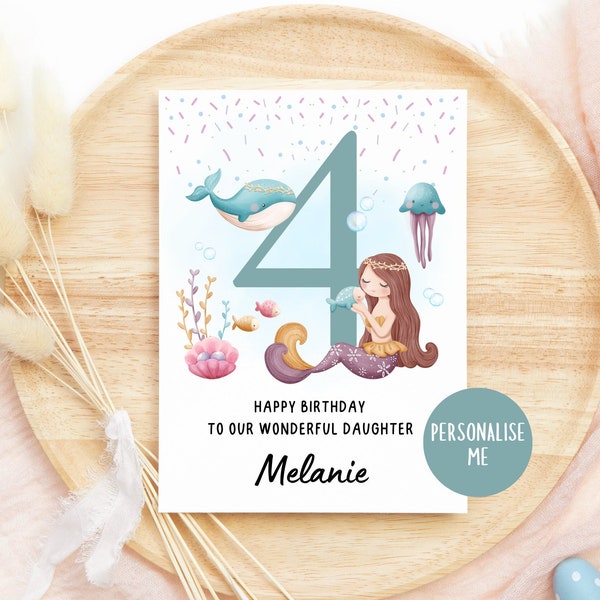 Personalised Girls Mermaid Birthday Card, Any Age, Card for Niece, Granddaughter, Mermaid Sea Animal, Card for Her, 4th 5th 6th 7th 8th 9th