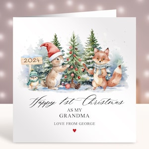 Primeiro cartão de Natal da vovó, primeiro cartão de Natal personalizado para a vovó, cartão do novo neto, primeiro Natal do bebê, animais da floresta
