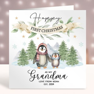 Primeiro cartão de Natal da vovó, primeiro cartão de Natal personalizado para a vovó, cartão do novo neto, primeiro Natal do bebê, pinguins fofos