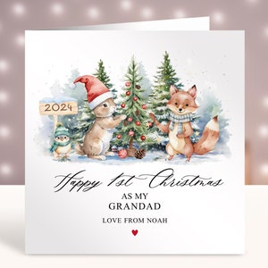 Première carte de Noël personnalisée de grand-père, 1er carte de Noël pour grand-père, carte d'un nouveau petit-enfant, 1er Noël de bébé, animaux de la forêt