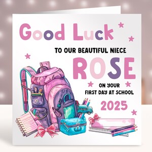 Tarjeta de primer día de clases para niñas, tarjeta personalizada de buena suerte para hija, nieta, hermana, sobrina, primer día de clases, guardería 2025