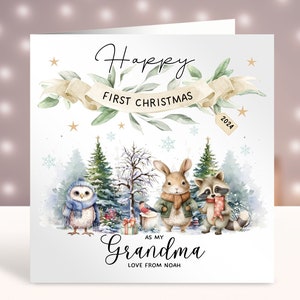 Oma Erste Weihnachtskarte, personalisierte 1.Weihnachtskarte für Oma, Karte vom neuen Enkelkind, Babys 1.Weihnachten, Waldtiere