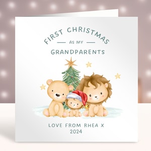 Gepersonaliseerde eerste kerstkaart grootouders, gelukkig 1e kerstfeest als oma en opa, kerstkaart knalt, schattige leeuwen, safaridieren