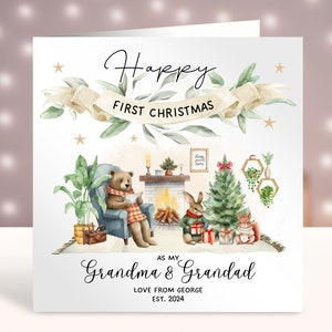 Biglietto di Natale personalizzato per il primo Natale dei nonni, buon primo Natale come nonna e nonno, biglietto di Natale Pops, papà, animali del bosco