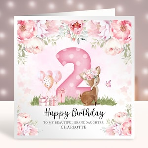 Personalisierte kleine Reh Geburtstagskarte, jedes Alter, 2. Geburtstagskarte, rosa Blumen, Karte für kleine Mädchen Waldtier 1.2.3.4.5