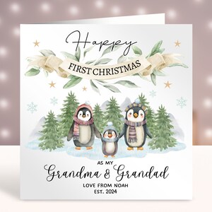 Cartão de Natal personalizado para os avós, primeiro feliz Natal como vovó e vovô, cartão de Natal pop, papai, pinguins fofos