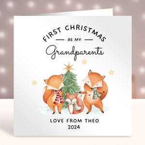 Première carte de Noël personnalisée des grands-parents, joyeux 1er Noël en tant que grand-mère et grand-père, carte de Noël pops, papa, renard mignon