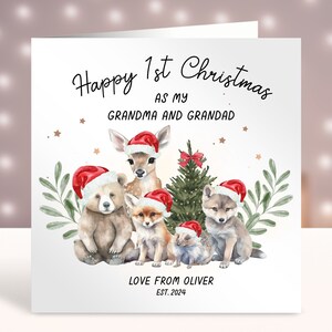 Biglietto di Natale personalizzato per il primo Natale dei nonni, buon primo Natale come nonna e nonno, biglietto di Natale Pops, papà, animali del bosco